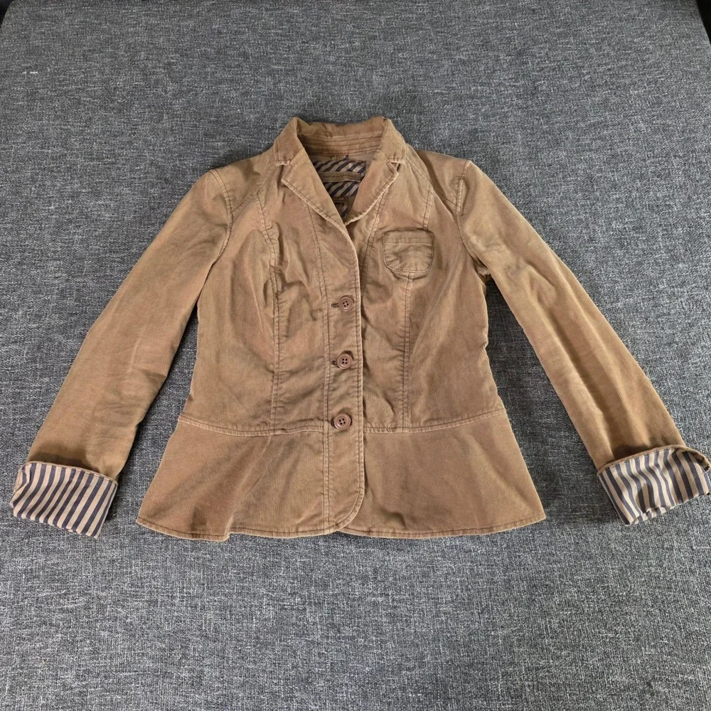 Anthropologie Pilcro Brown Corduroy Blazer Peplum Jacket Striped Cuffs Size 6